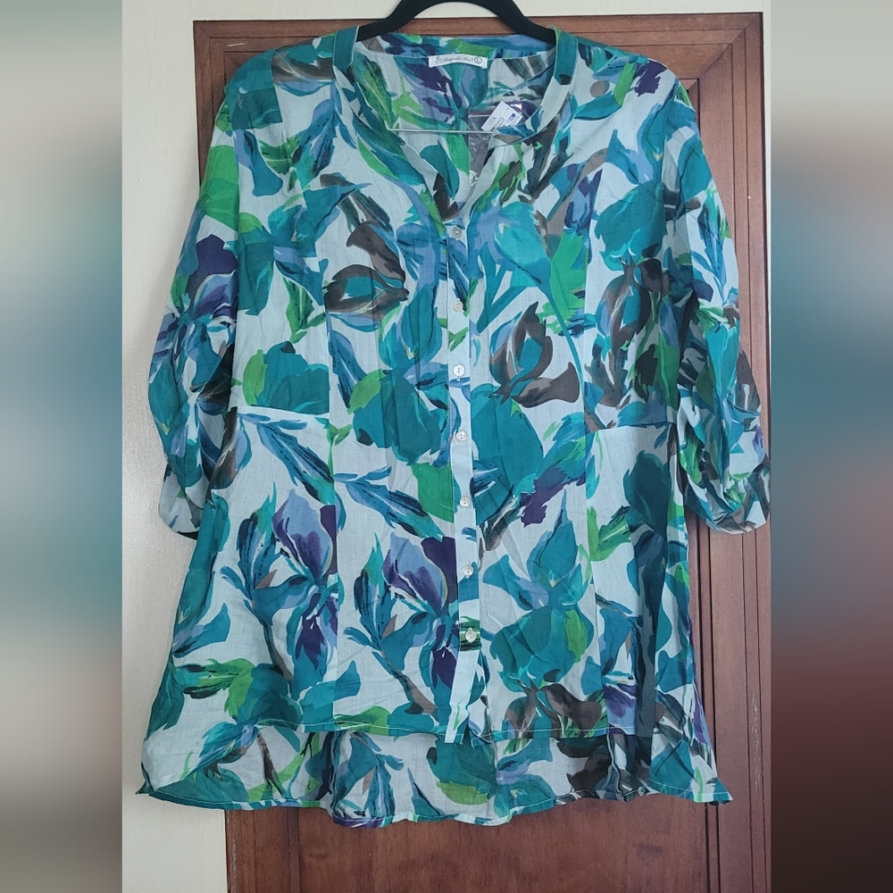 Ruffled Blue and Green Tiered Resort Blouse